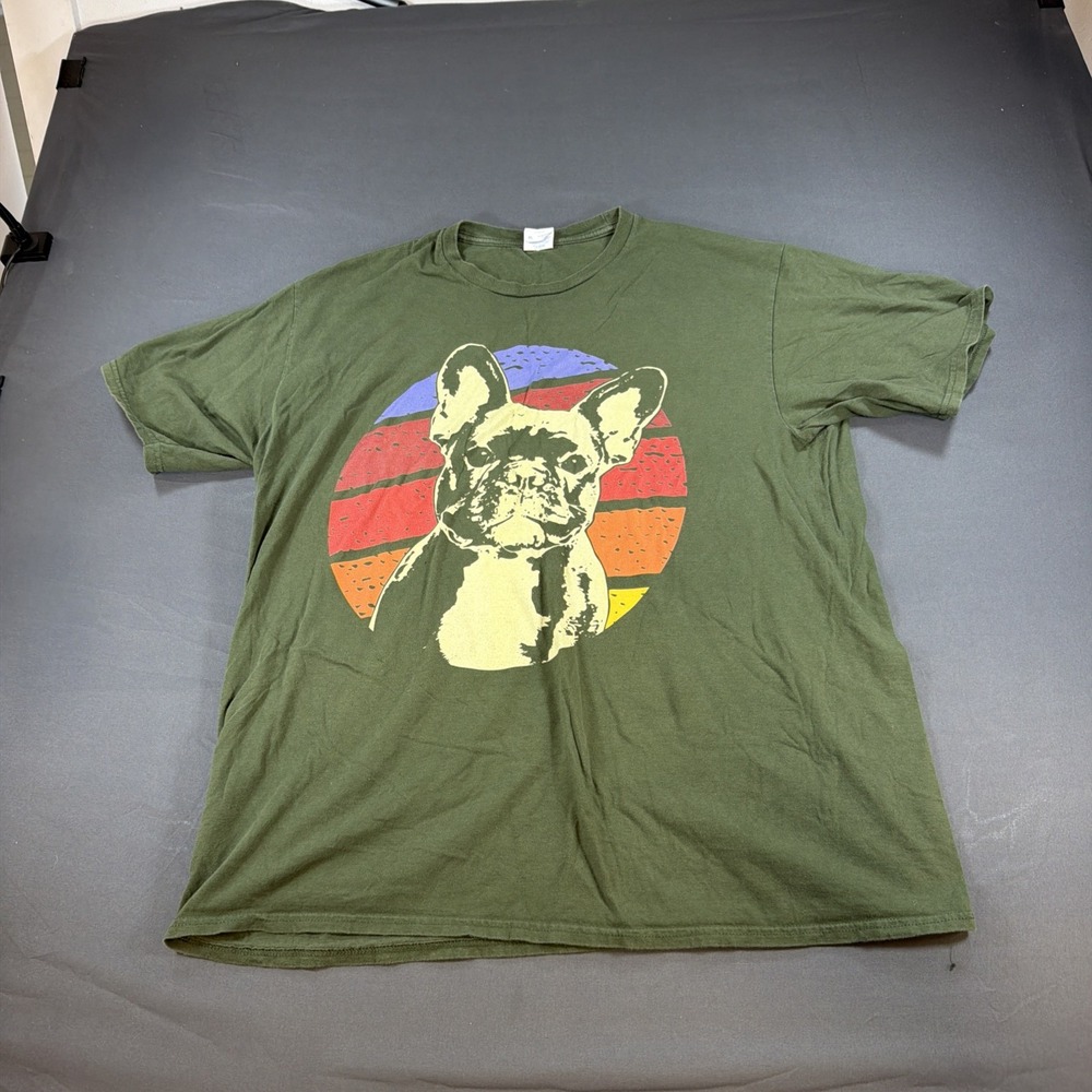 olive green short-sleeve t-shirt featuring a graphic of a French Bulldog Xl